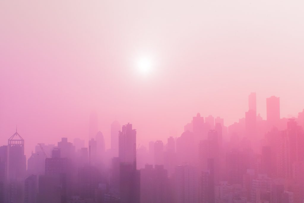 A hazy pink skyline