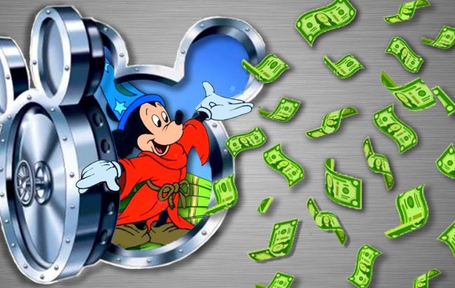 An illustration of Mickey Mouse opening the Walt Disney vault and letting lots of cash out