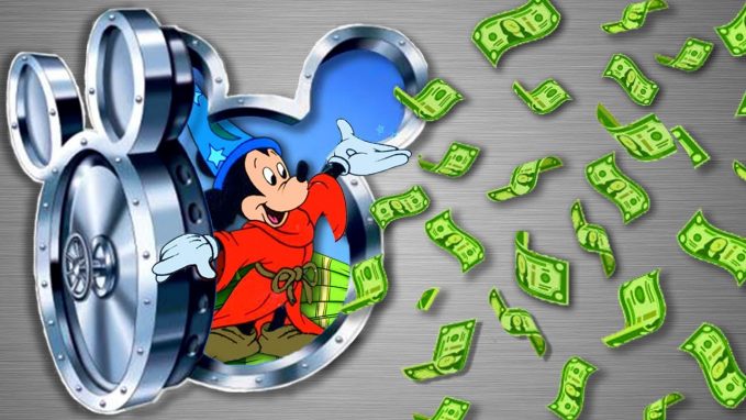 An illustration of Mickey Mouse opening the Walt Disney vault and letting lots of cash out