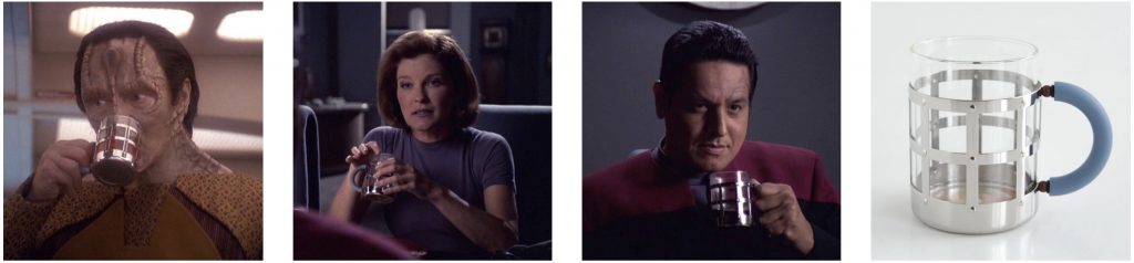 Garak, Captain Janeway, and Chakotay holding a MGMug designed by Michael Graves for Alessi.