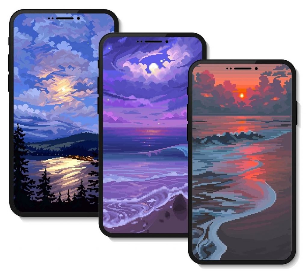 Three landscape wallpapers on phone screens