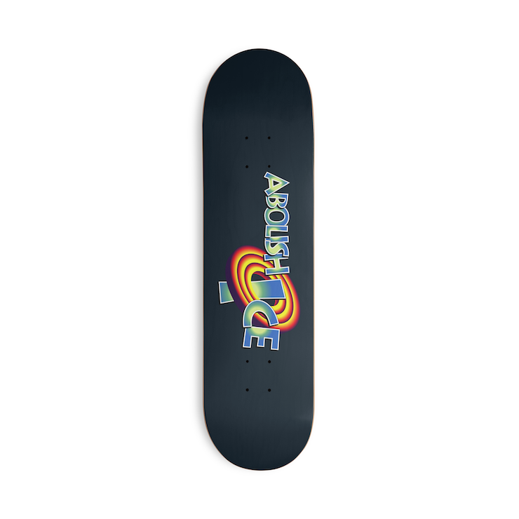 A skateboard that says Abolish I.C.E on the front face of the deck.