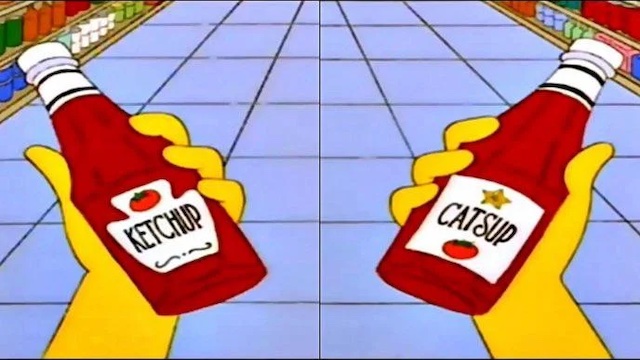 A Simpsons cartoon of Mr Burns holding a bottle of Ketchup in one hand and a bottle of Catsup in another