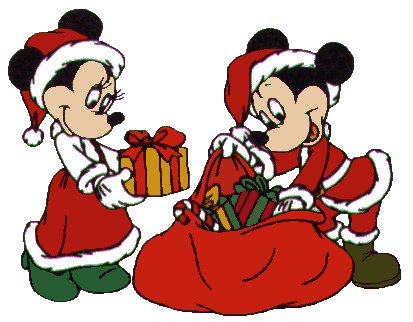 Minnie Mouse holding a present while Mickey opens a bag of presents