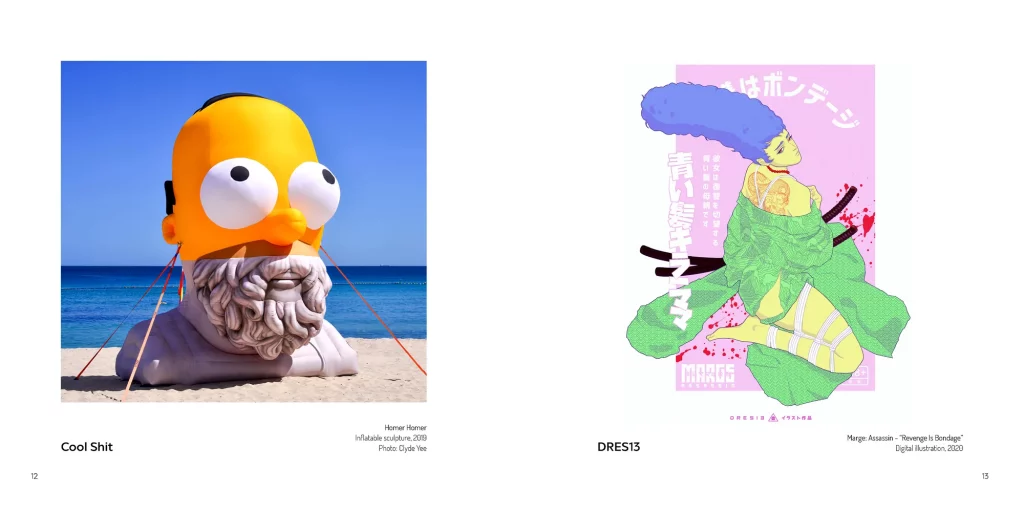 Two photos. One is of a Homer inflatable bust, with Homer Simpsons face at the top half and Homer (the poet) on the bottom half. The second is of a Japanese inspired illustration of Marge.