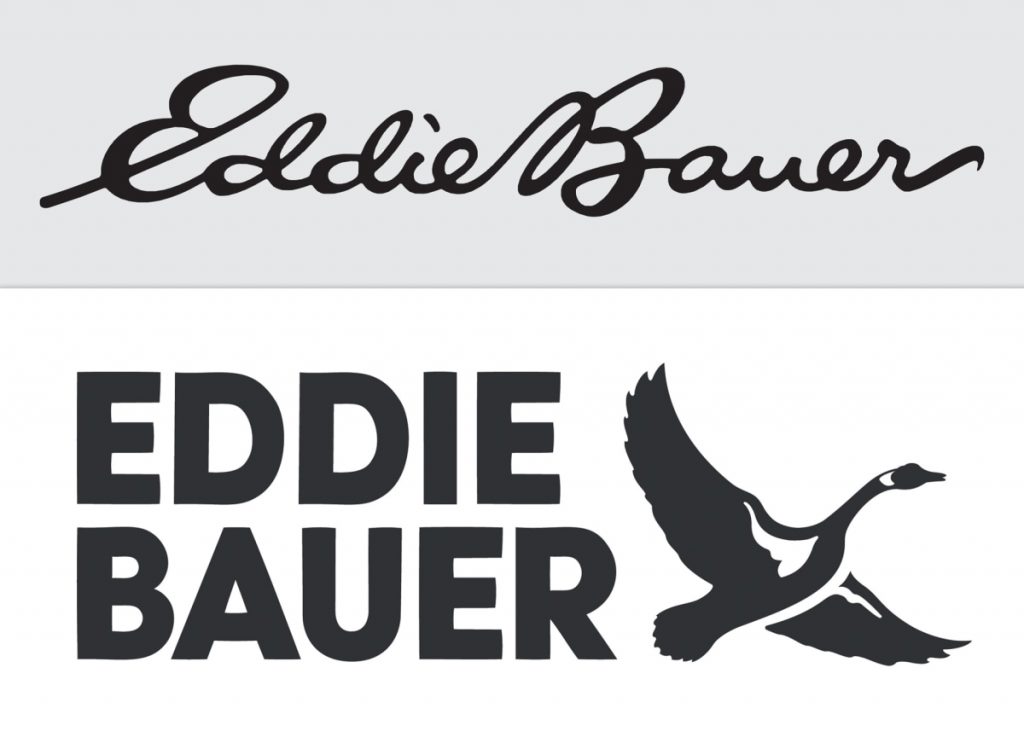 Two logos on top of each other. The top logo is written in a cursive, handwritten font and says Eddie Bauer. The bottom logo is a redesign, written in all caps and a bold sans-serif typeface. Next to the wordmark is a monochrome goose with its wings open.