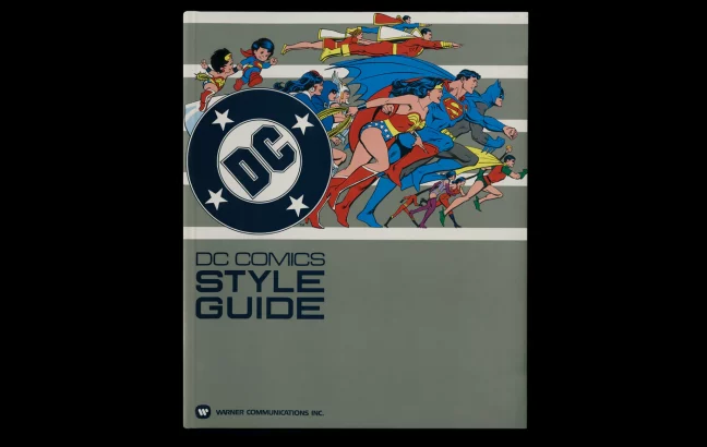 the front cover for 1982 DC Comics Style Guide featuring a group of superheroes and the old DC comics logo
