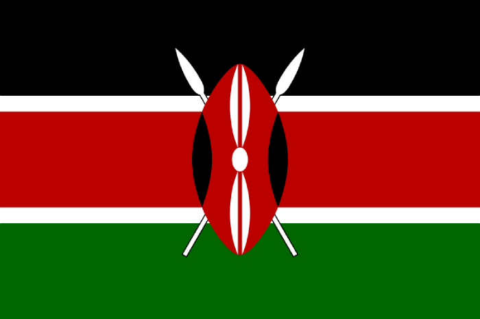 a tricolour flag of black, red, and green with two white edges imposed with a red, white and black Maasai shield and two crossed spears.