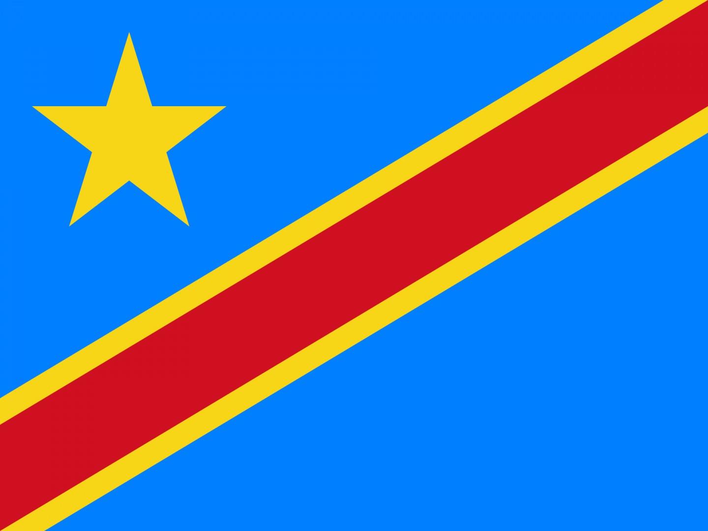 The DR Congo flag features a sky blue background, a yellow star in the upper left corner and a red stripe with a yellow trim running from the top right to bottom left.