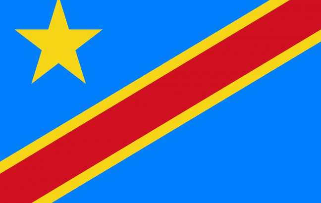 The DR Congo flag features a sky blue background, a yellow star in the upper left corner and a red stripe with a yellow trim running from the top right to bottom left.
